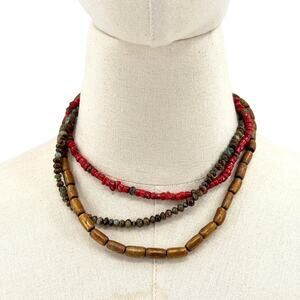 Vintage Y2K Red Coral Unakite Wood Multi Strand Toggle Necklace